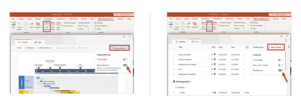 How to show dependencies in Office Timeline