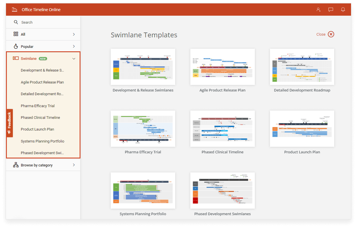 Swimlane template gallery in Office Timeline Online