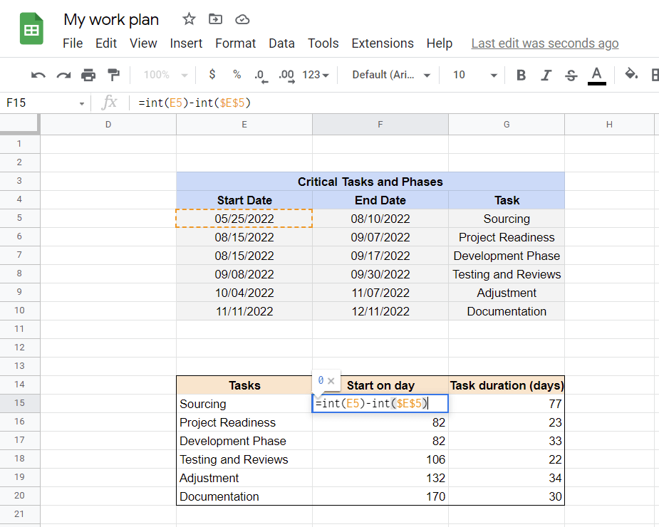 Set up the task duration in Google Sheets