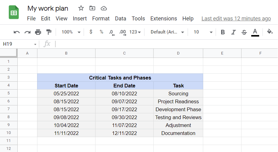 Set up the task start day in Google Sheets Gantt chart