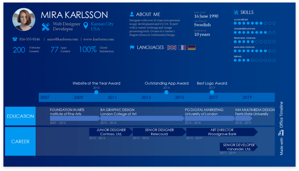 Timeline resume design - dark mode