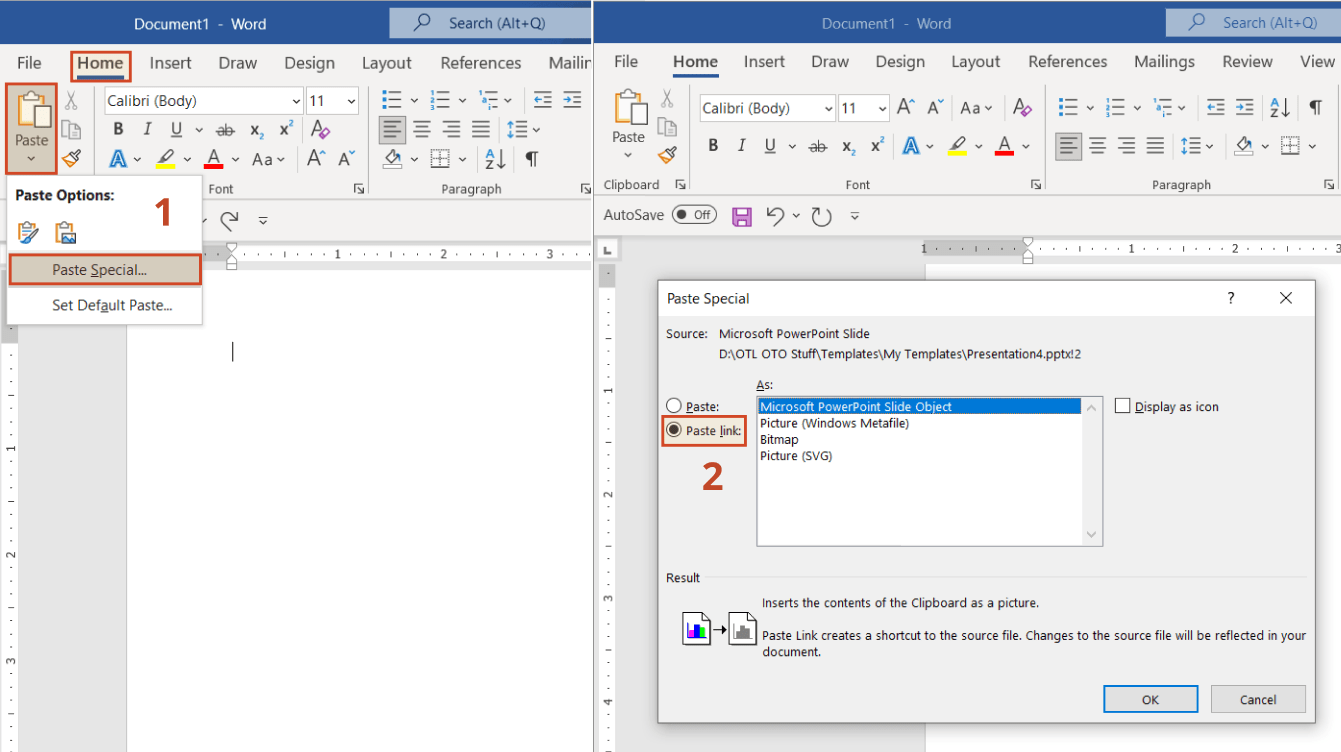 Paste special and Paste link in Microsoft Word