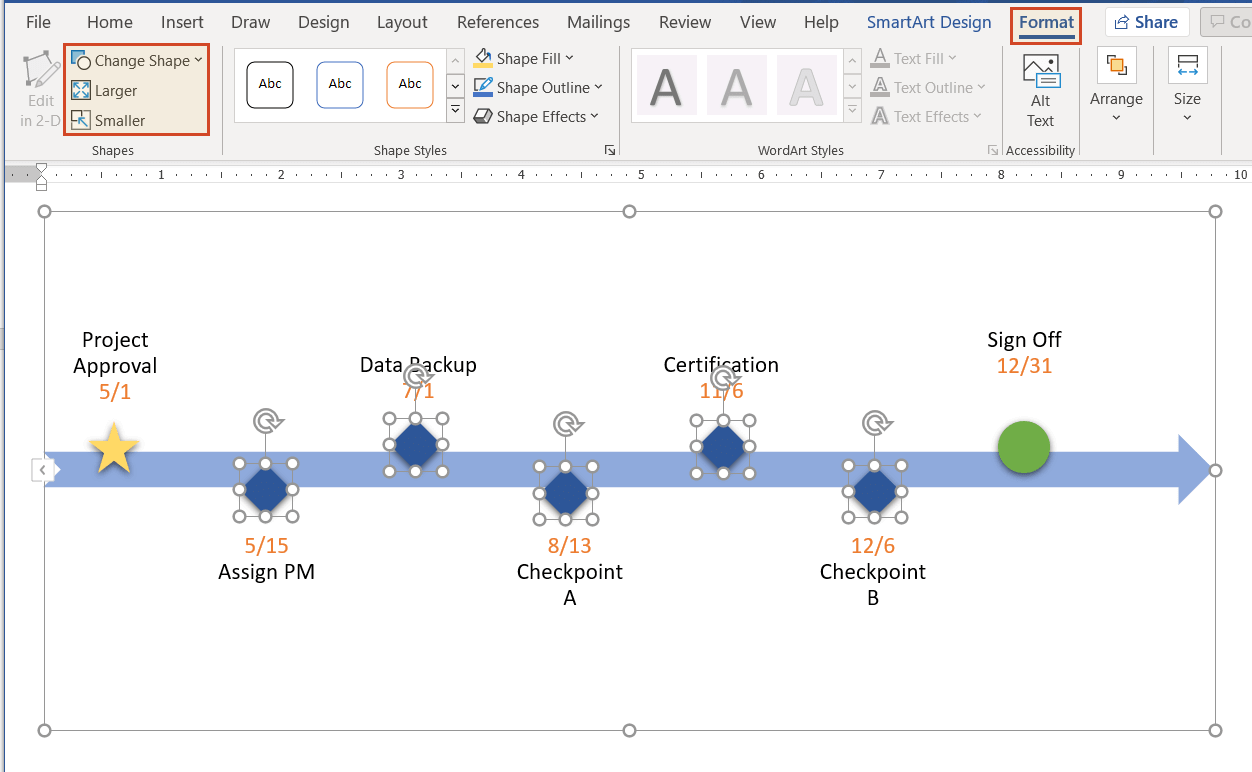 Change milestones shapes in Word timeline